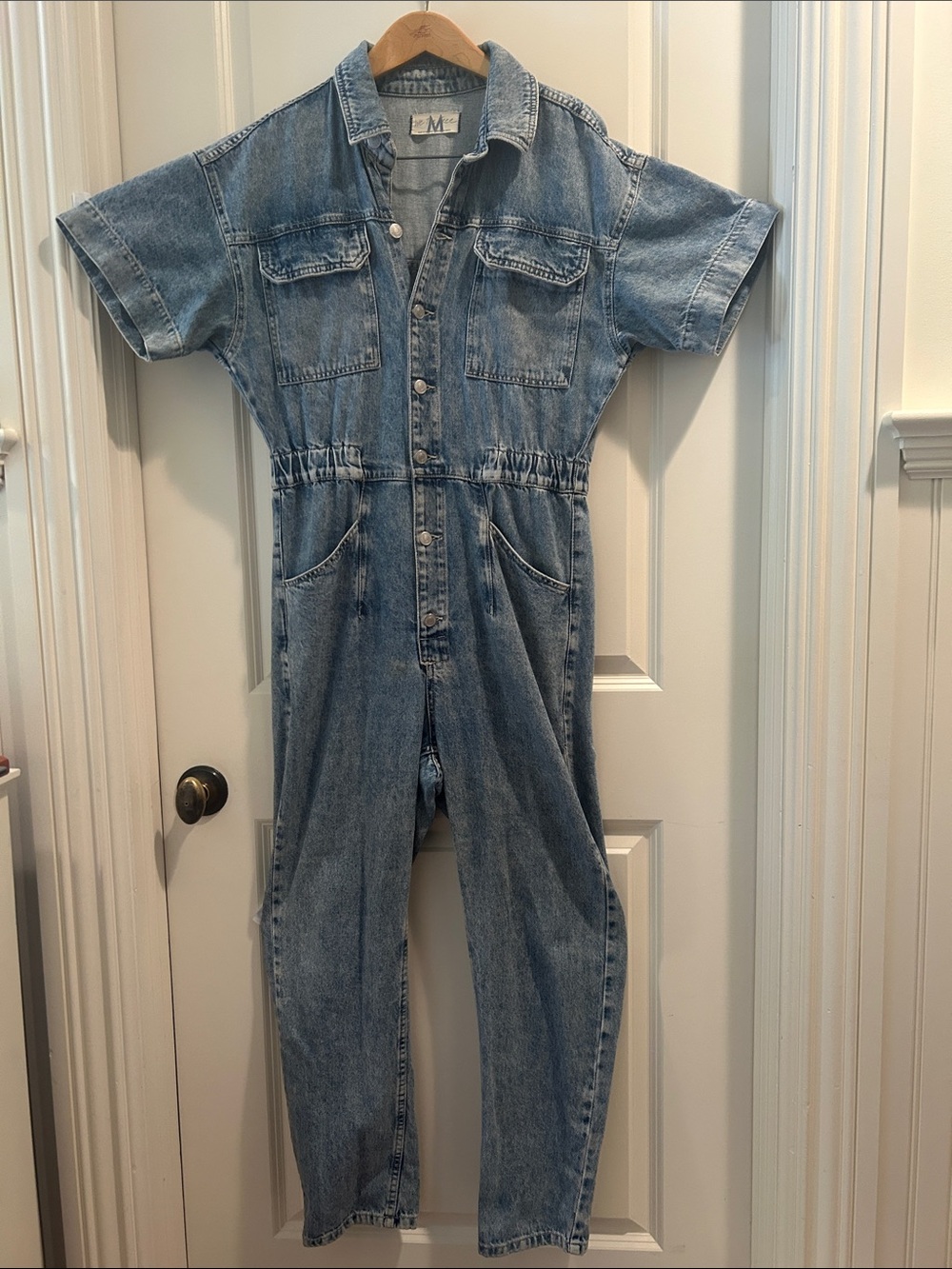 Free People We The Free Blue Denim Women’s Jumpsuit Short Sleeves pockets size M